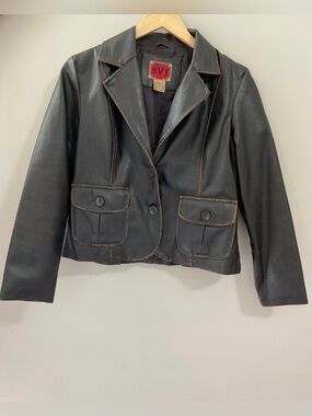 RVT Black Leather Notch-Lapel Blazer Jacket